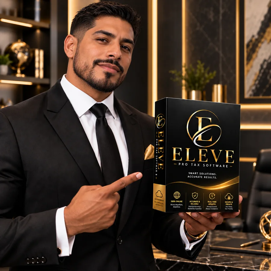 Tax professional holding Eleve Pro Tax Software